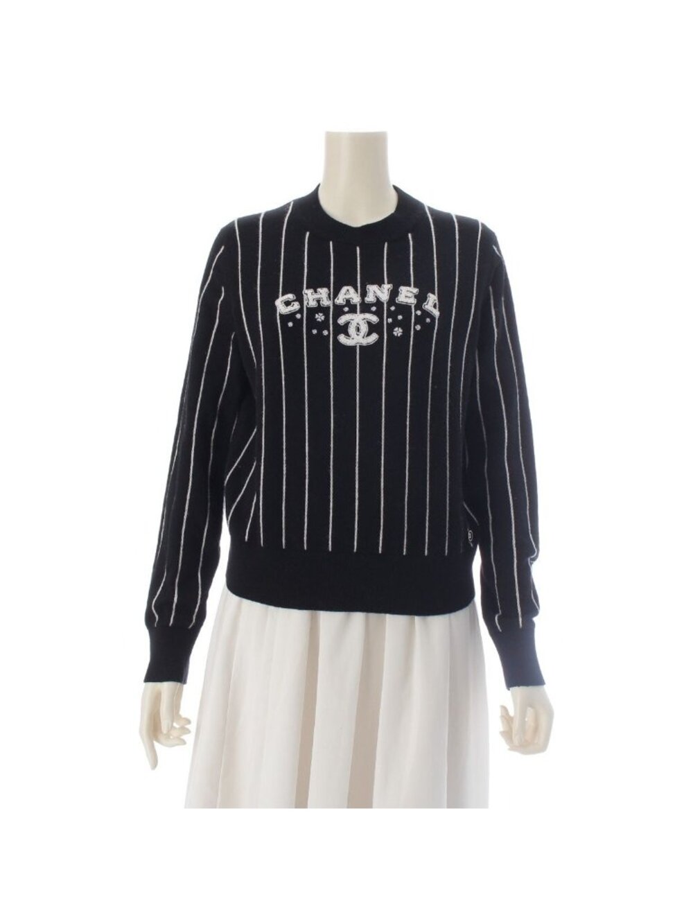 Chanel Cashmere CC Logo Stripe Long Sleeve Sweater Knit Top Black 36